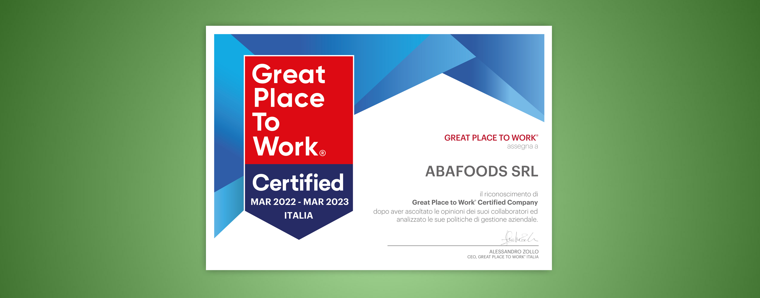 Anche quest’anno Abafoods ottiene il riconoscimento di Great Place to Work®!